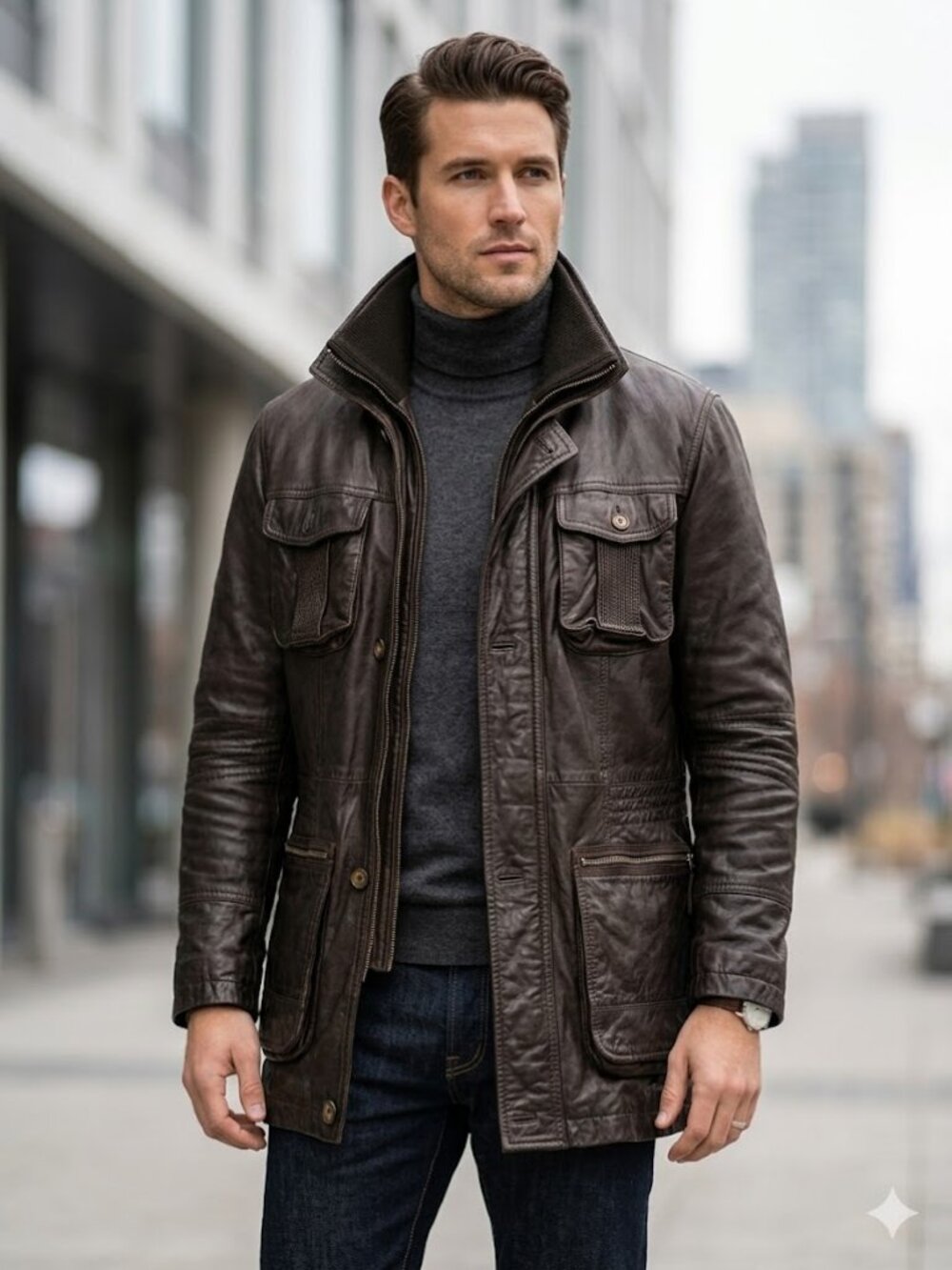 Danier Genuine Leather Field Jacket Brown Mens S / M  Utility Moto Military